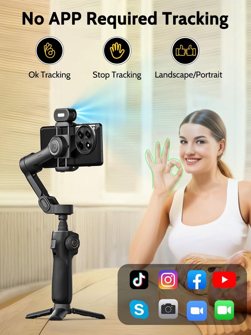 AOCHUAN مثبت جيمبال ثلاثي المحاور لهواتف آيفون وأندرويد، بدون تطبيق تتبع ذكي، قضيب تمديد مدمج بطول 7.8 بوصة، مثبت هاتف لتسجيل الفيديو، شاشة OLED، زر تشغيل، رياضة، مدونات فيديو (سمارت V8 AI أسود) - Image 2